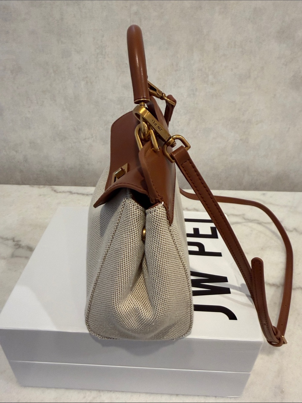 JW PEI Cream Canvas and Tan Top-Handle Satchel crossbody strap included - Picture 4 of 7